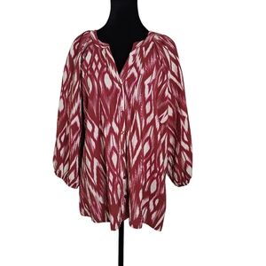 Boho Top Button Front Shirt Tunic Raglan Sleeves Red and White Size 2X